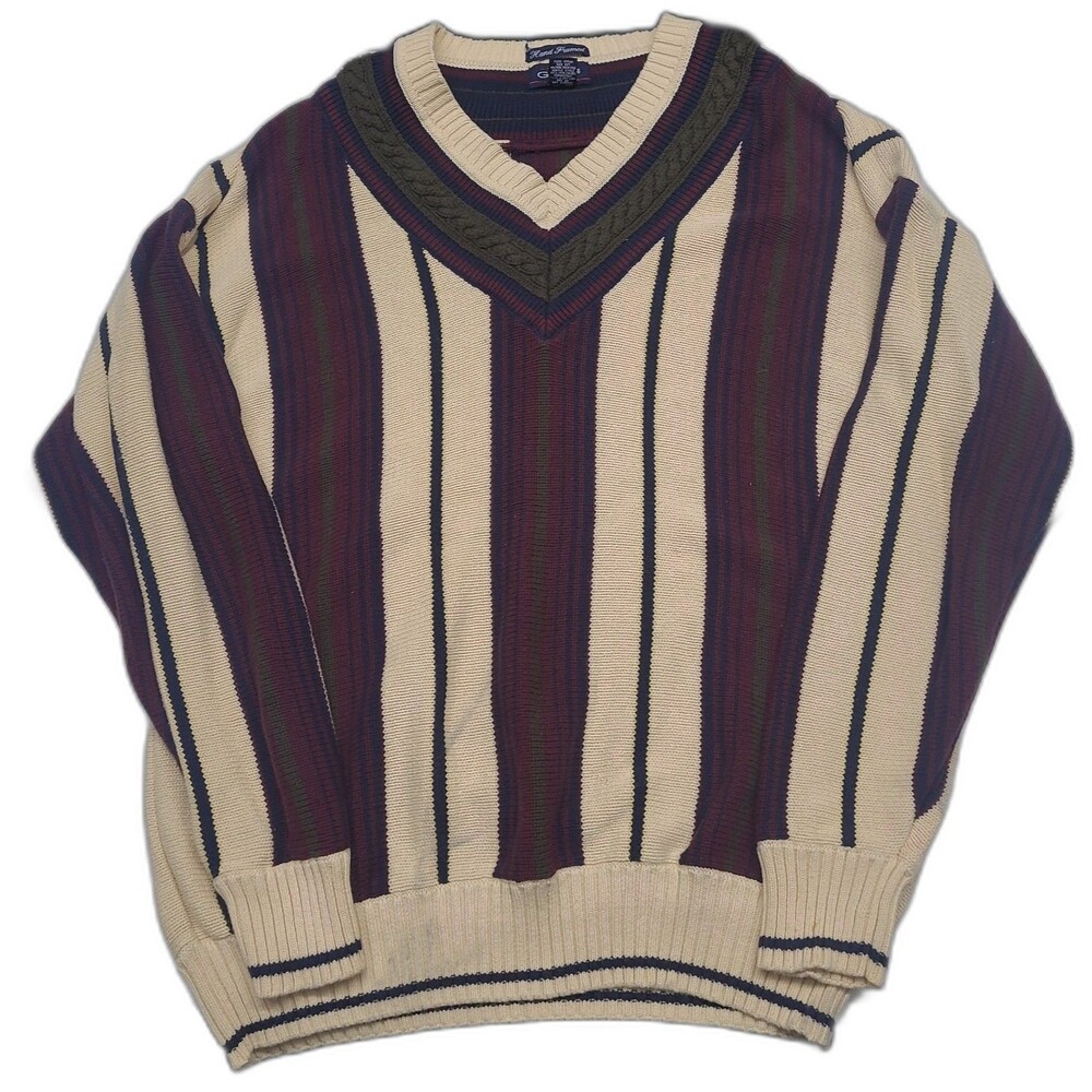Vtg Gant Hand Framed Striped V-Neck Tennis Sweater